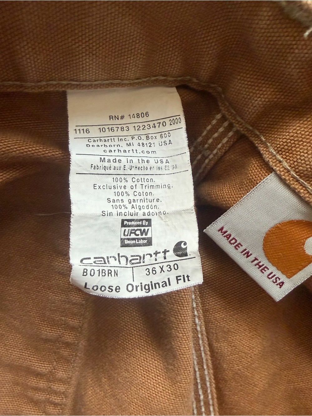 Iconic B01 Carhartt Brown Firm Duck Double-Front Dungaree 36"x30" - Picture 9 of 11